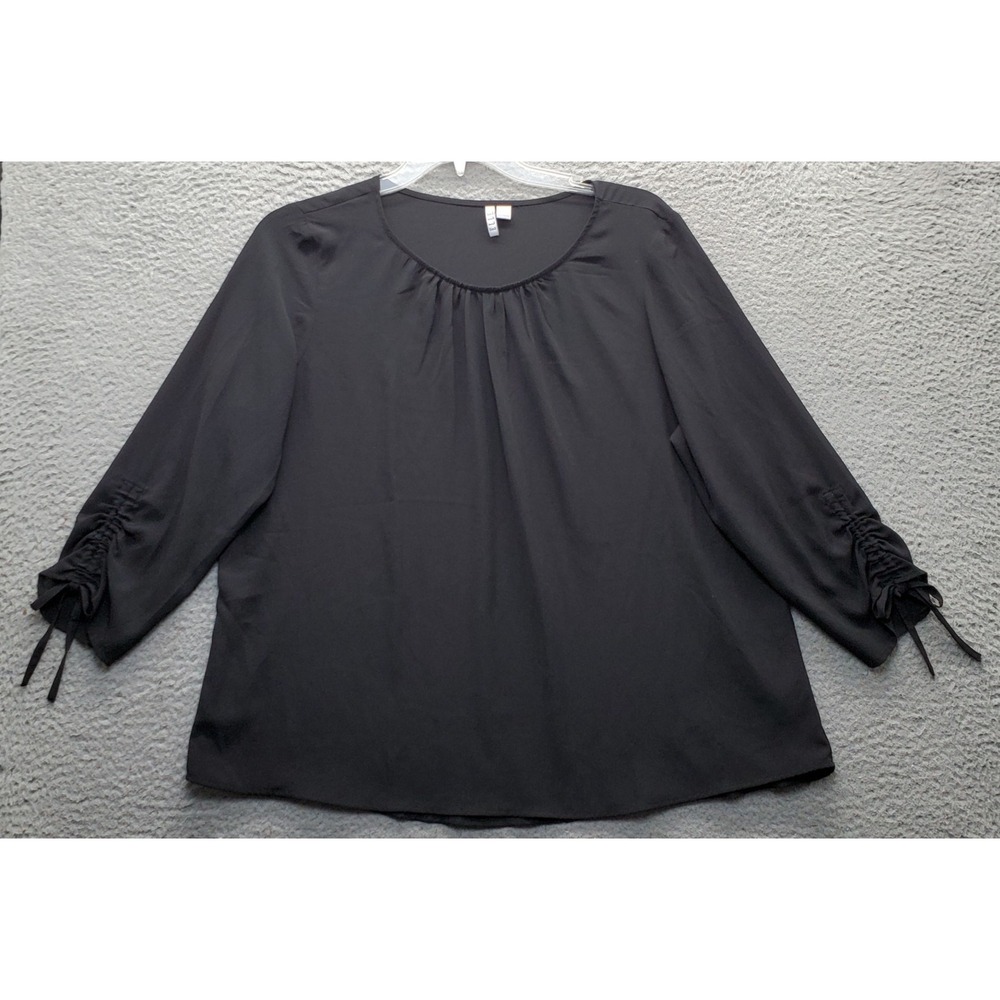 Elle Blouse Top Womens XL Black Stretch Ruched Tie Sleeve Round Neck Pullover